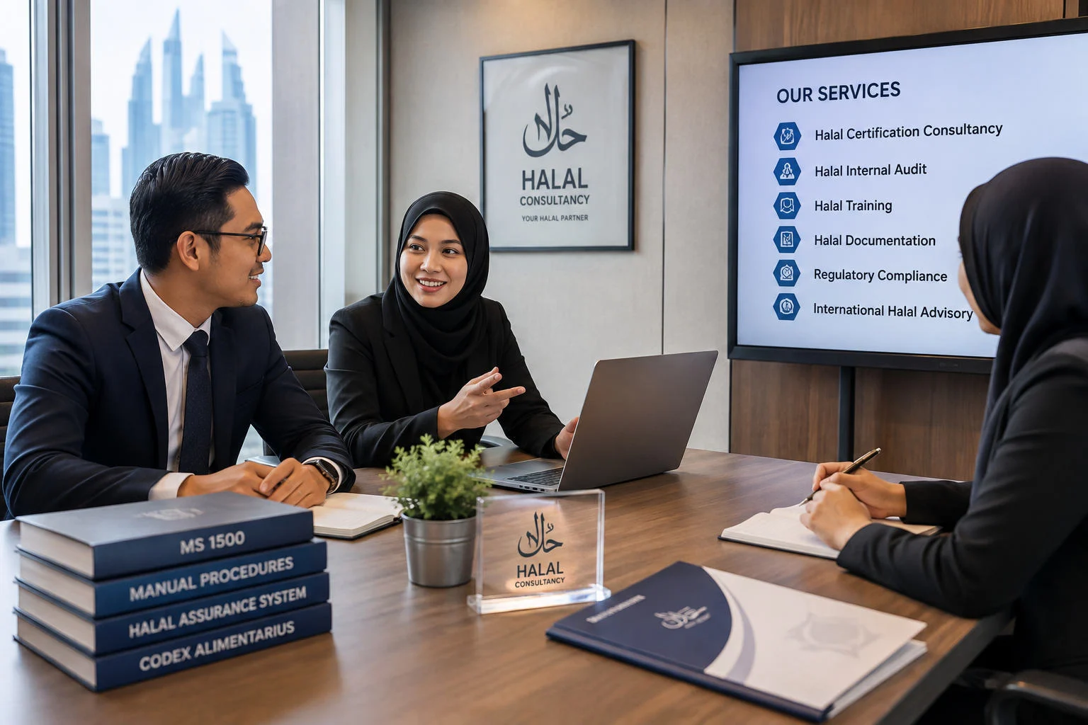 Halal consultants discussing certification and compliance in a modern office